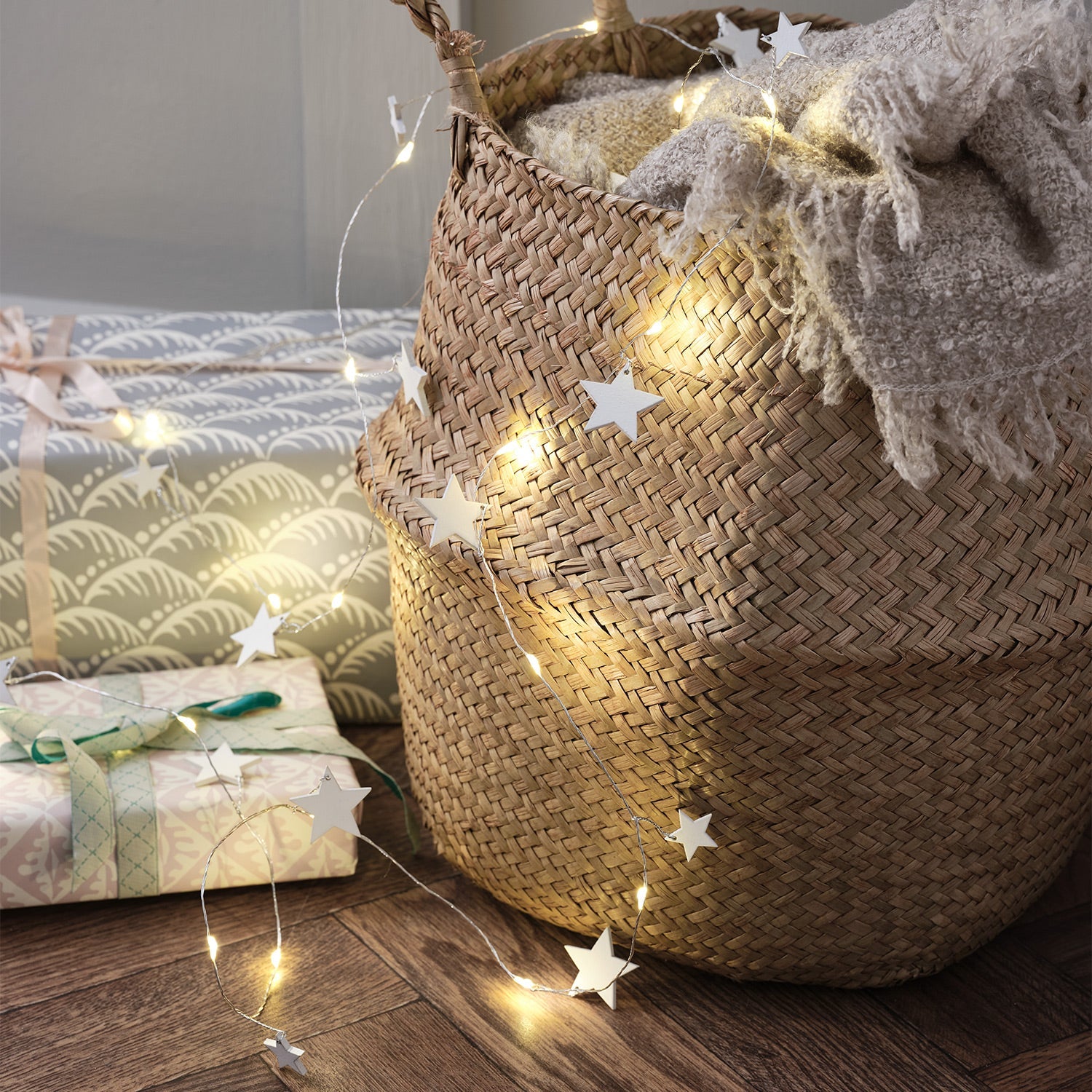 1.9m White Wooden Star Micro LED Garland