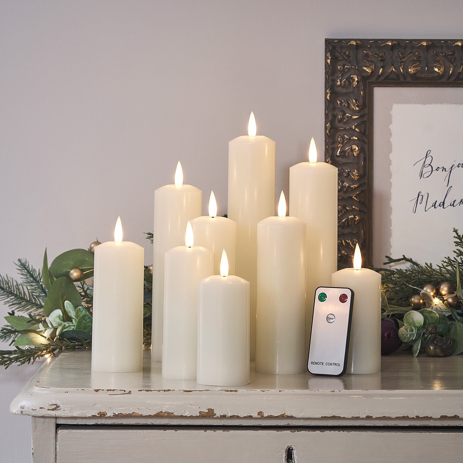 9  TruGlow® Ivory LED Slim Pillar Candles With Remote Control