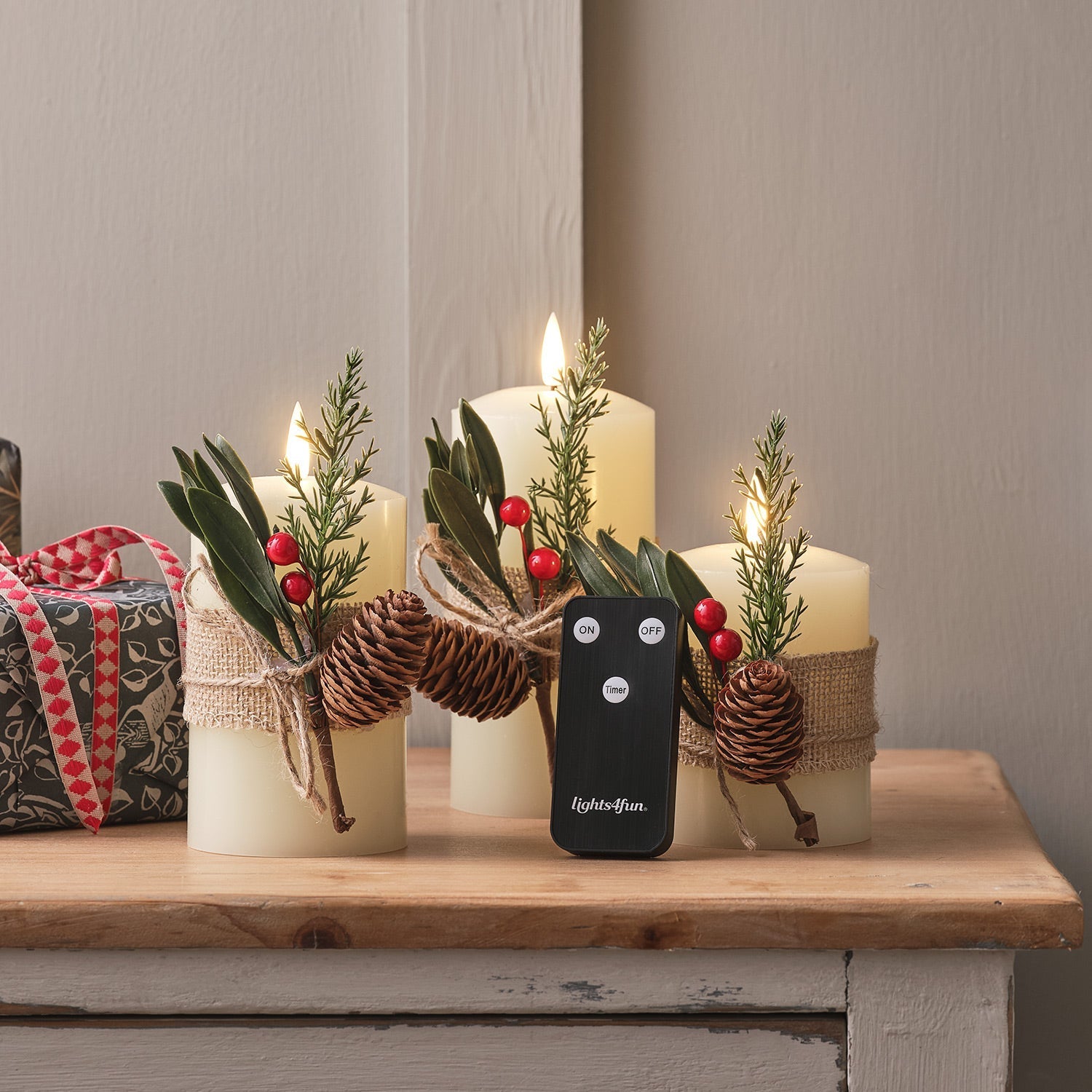 3 Winter Foliage Wrapped TruGlow® LED Pillar Candles