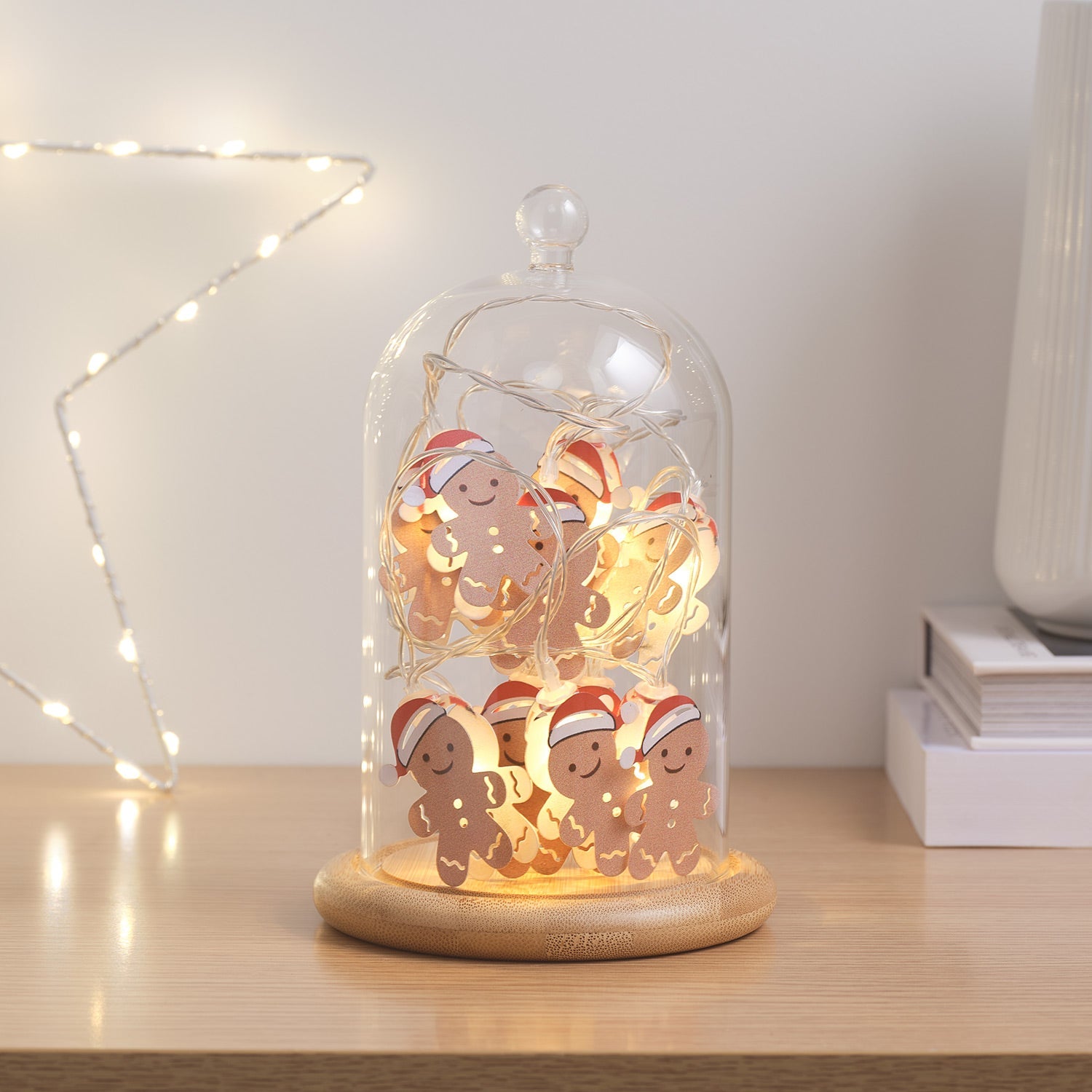 Glass Dome with Gingerbread LED String Lights