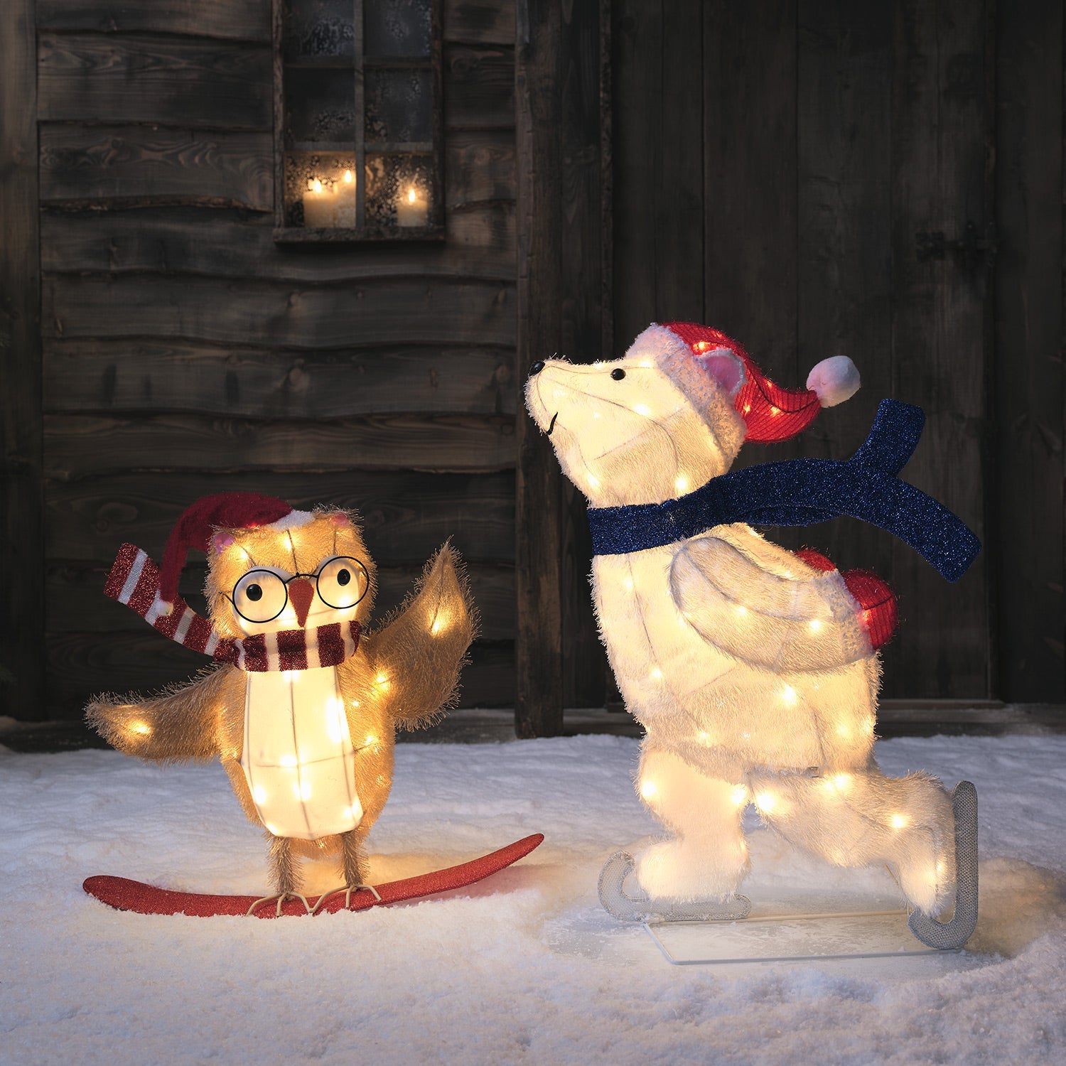 78cm Skating Polar Bear & Snowboarding Owl Outdoor Christmas Figure Duo
