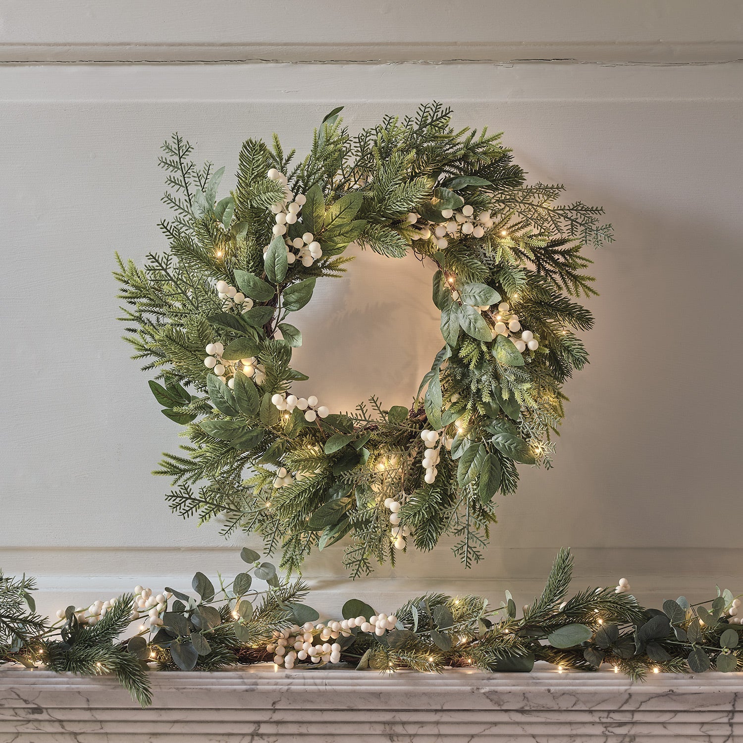 Pre Lit Eucalyptus and White Berry Christmas Wreath & Garland