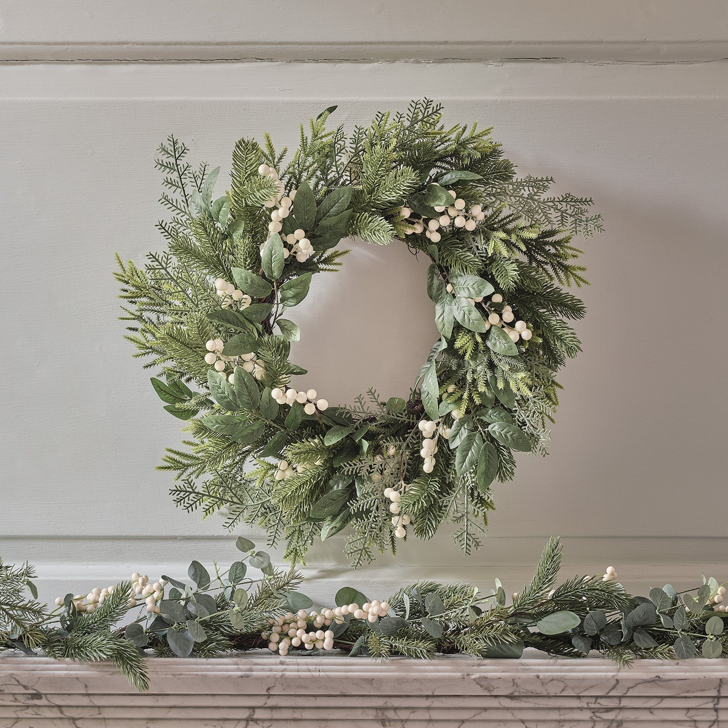 Pre Lit Eucalyptus and White Berry Christmas Wreath & Garland