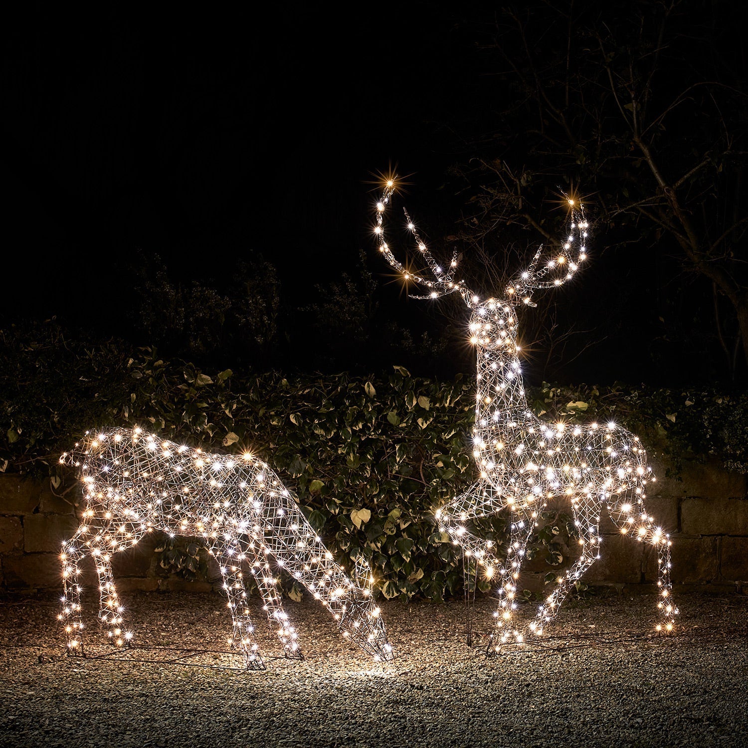 Large Solar Powered Studley Rattan Stag & Doe Dual Colour LED Light Up Reindeer