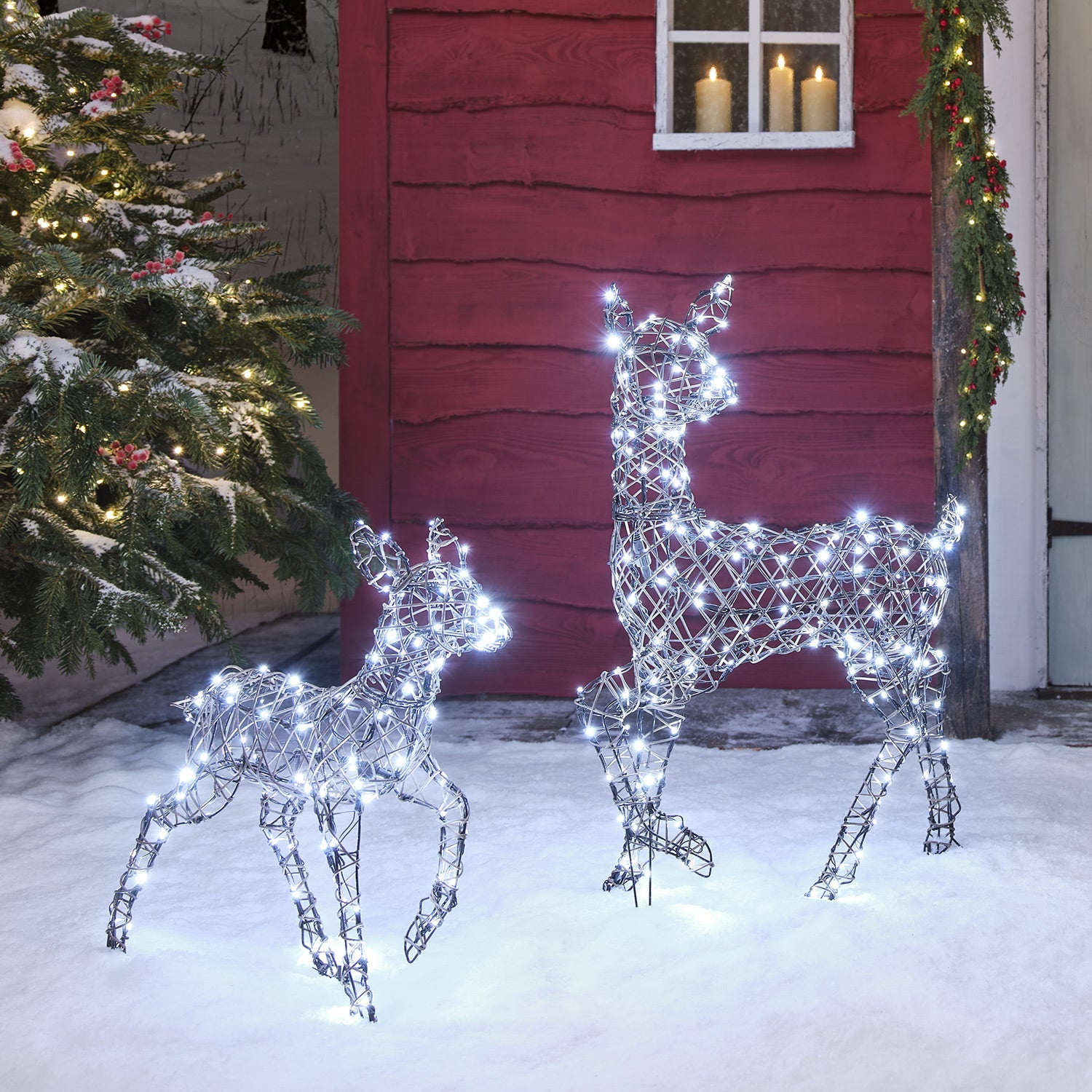 Dual LED Studley Doe & Fawn Light Up Reindeer Duo