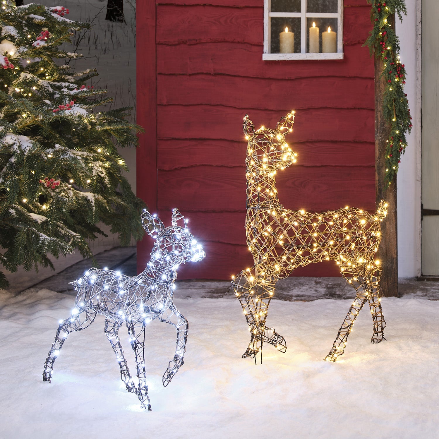 Dual LED Studley Doe & Fawn Light Up Reindeer Duo