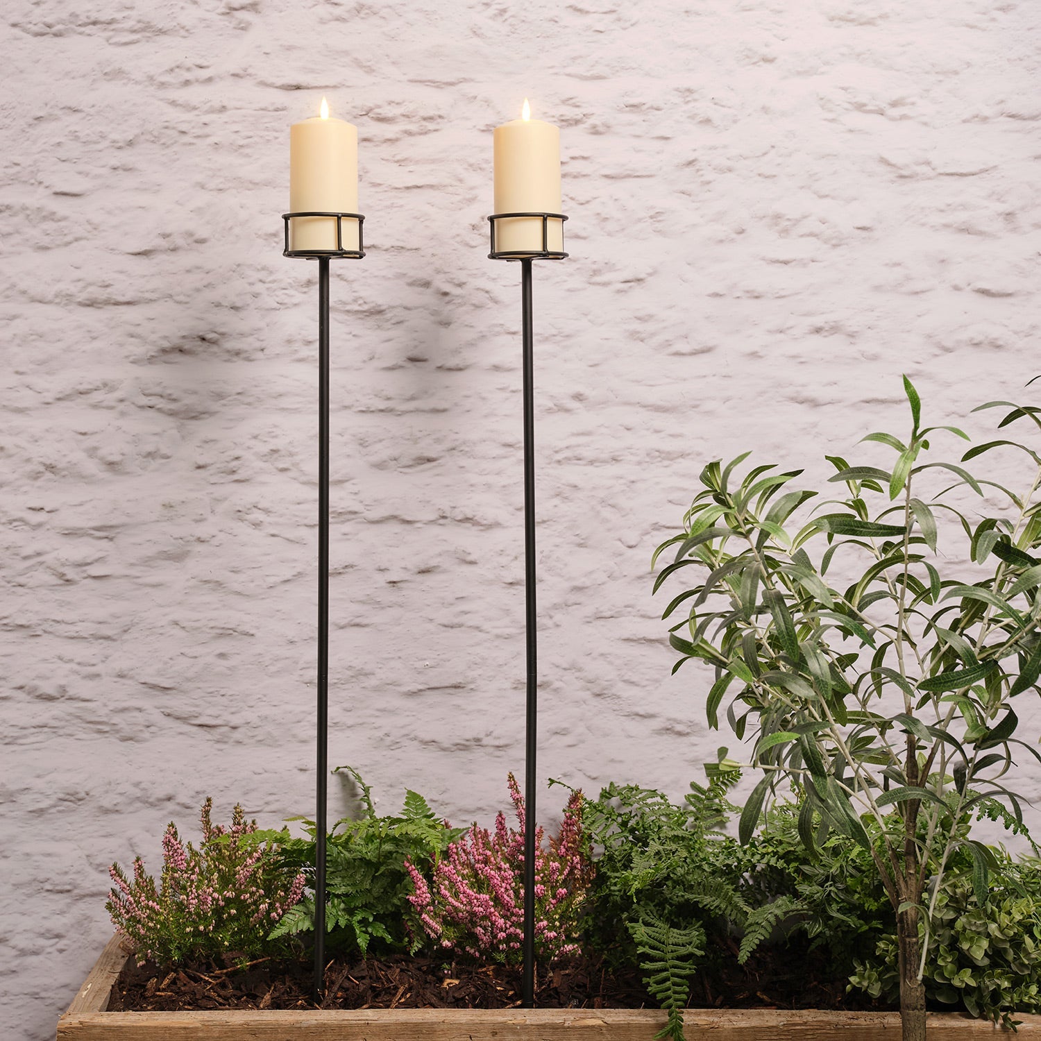 Set of 2 Adjustable Outdoor Candle Stakes with TruGlow® Pillar Candles