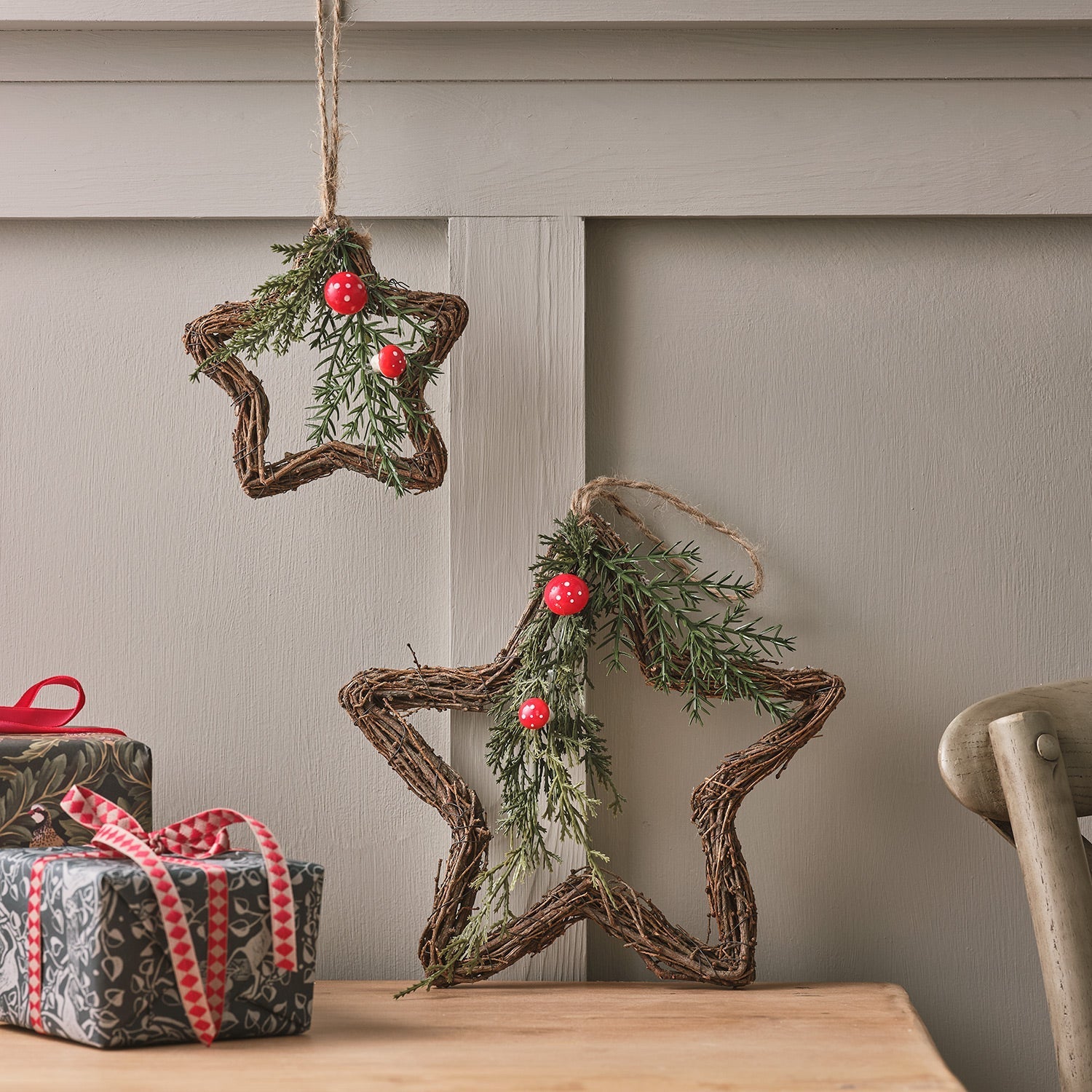 Set of 2 Mushroom Rattan Star Hanging Decorations