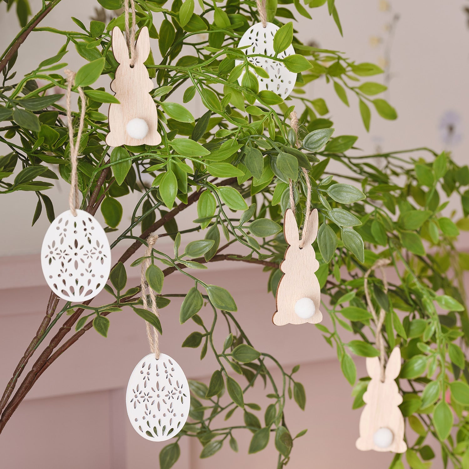 6 Wooden Bunny & Egg Hanging Decorations