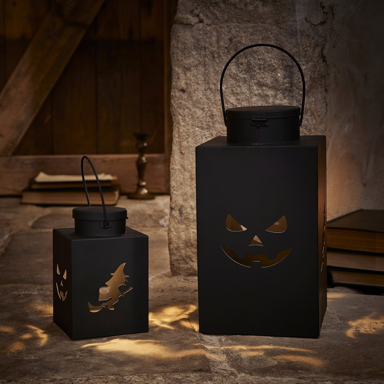 2 Black Metal Outdoor Halloween Lanterns