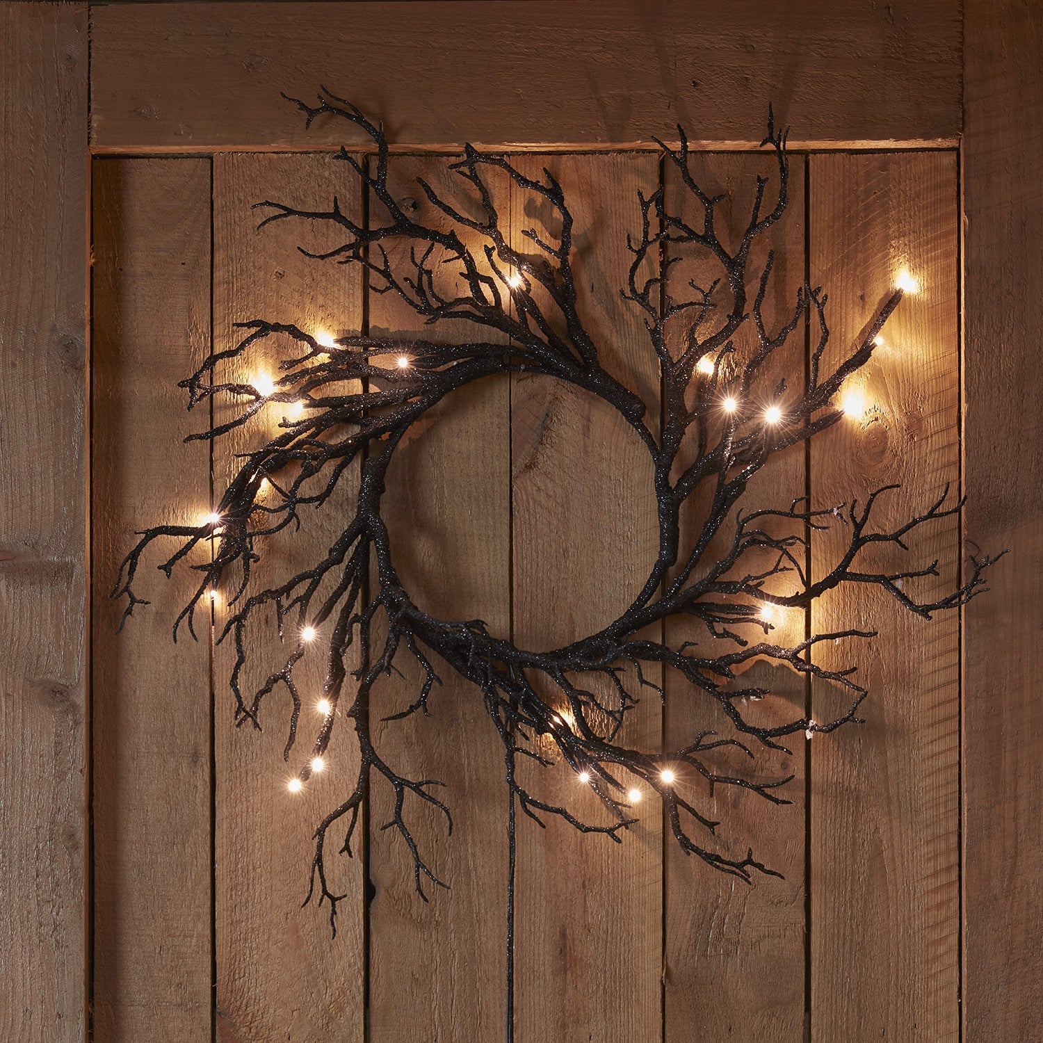 Pre Lit Black Glitter Halloween Wreath, Garland & Stake Lights