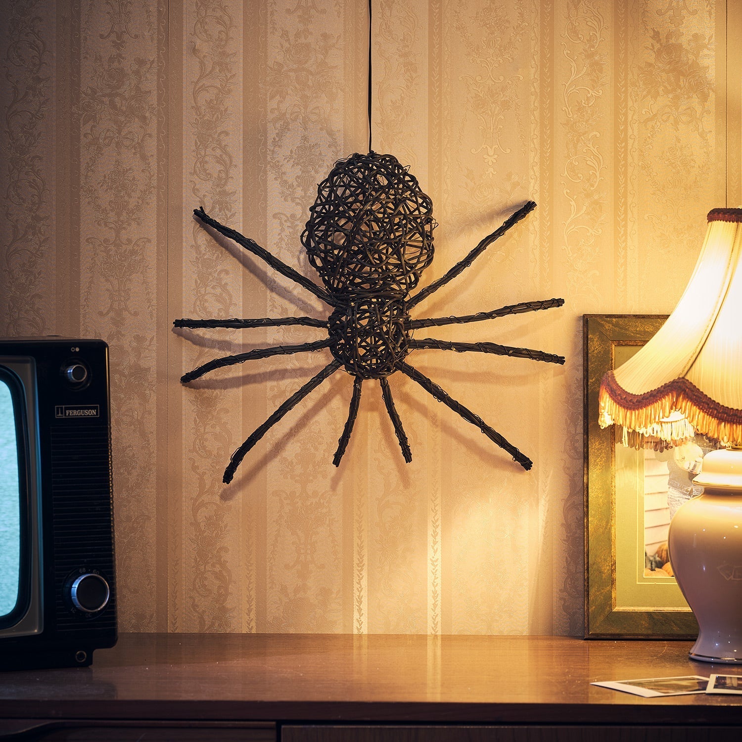 Rattan Black Spider Light Up Halloween Figure