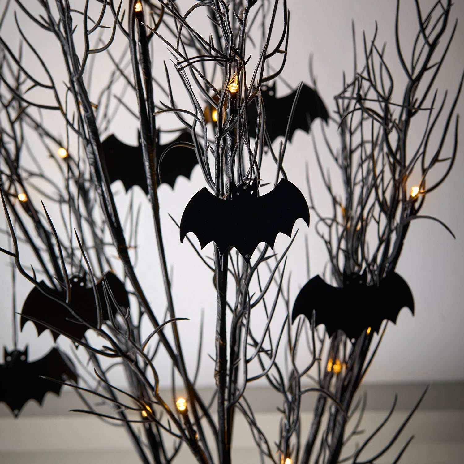 3 Halloween Tree Stake Lights & Black Bat Hanging Decorations Bundle