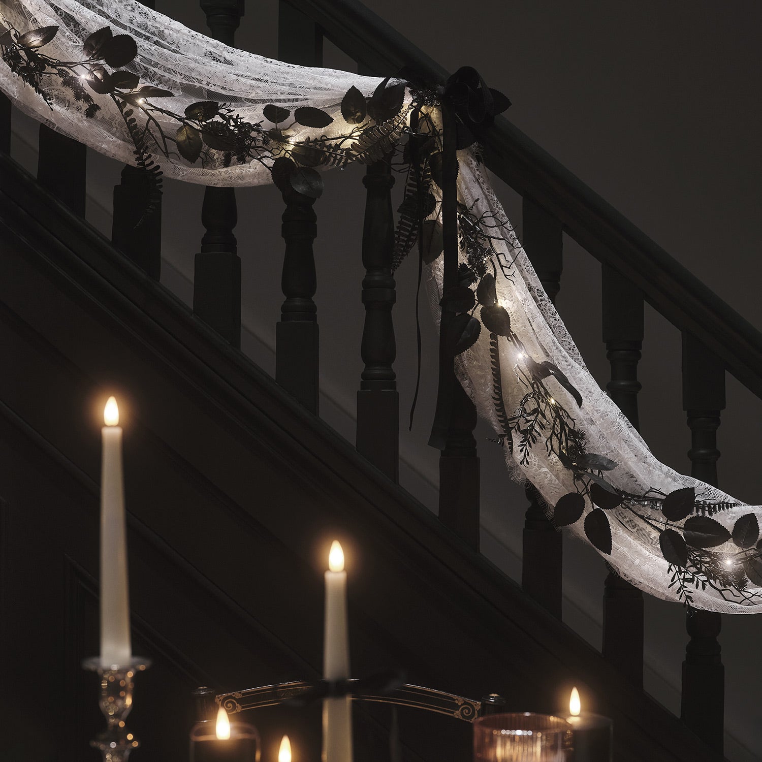 Pre Lit Black Foliage Halloween Wreath & Garland