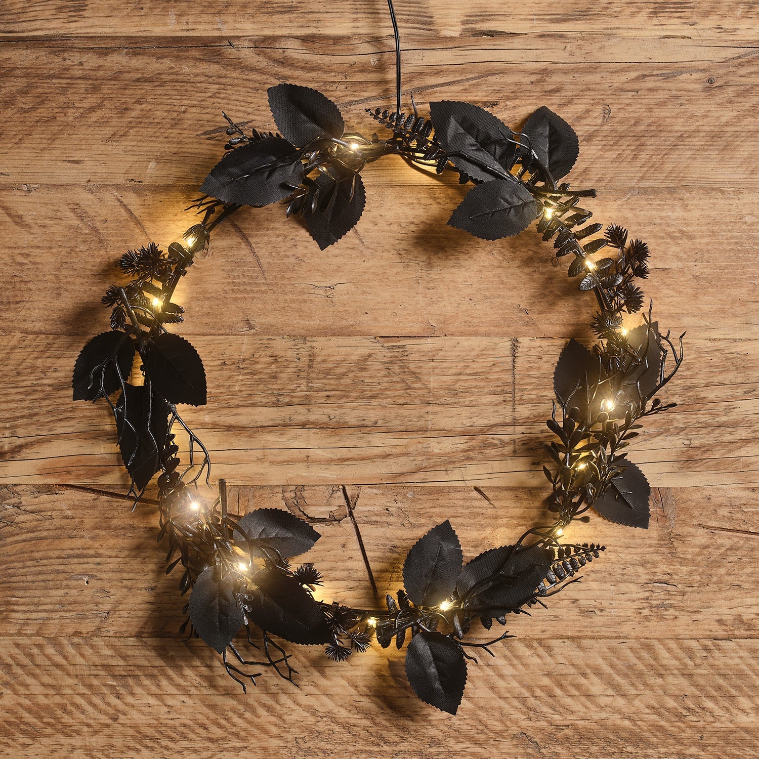 30cm Pre Lit Black Halloween Foliage Wreath