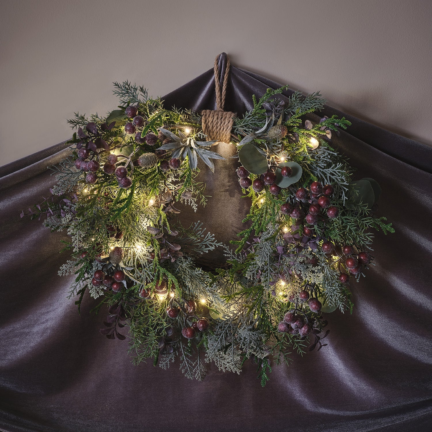 40cm Pre Lit Purple Berry Heart Wreath