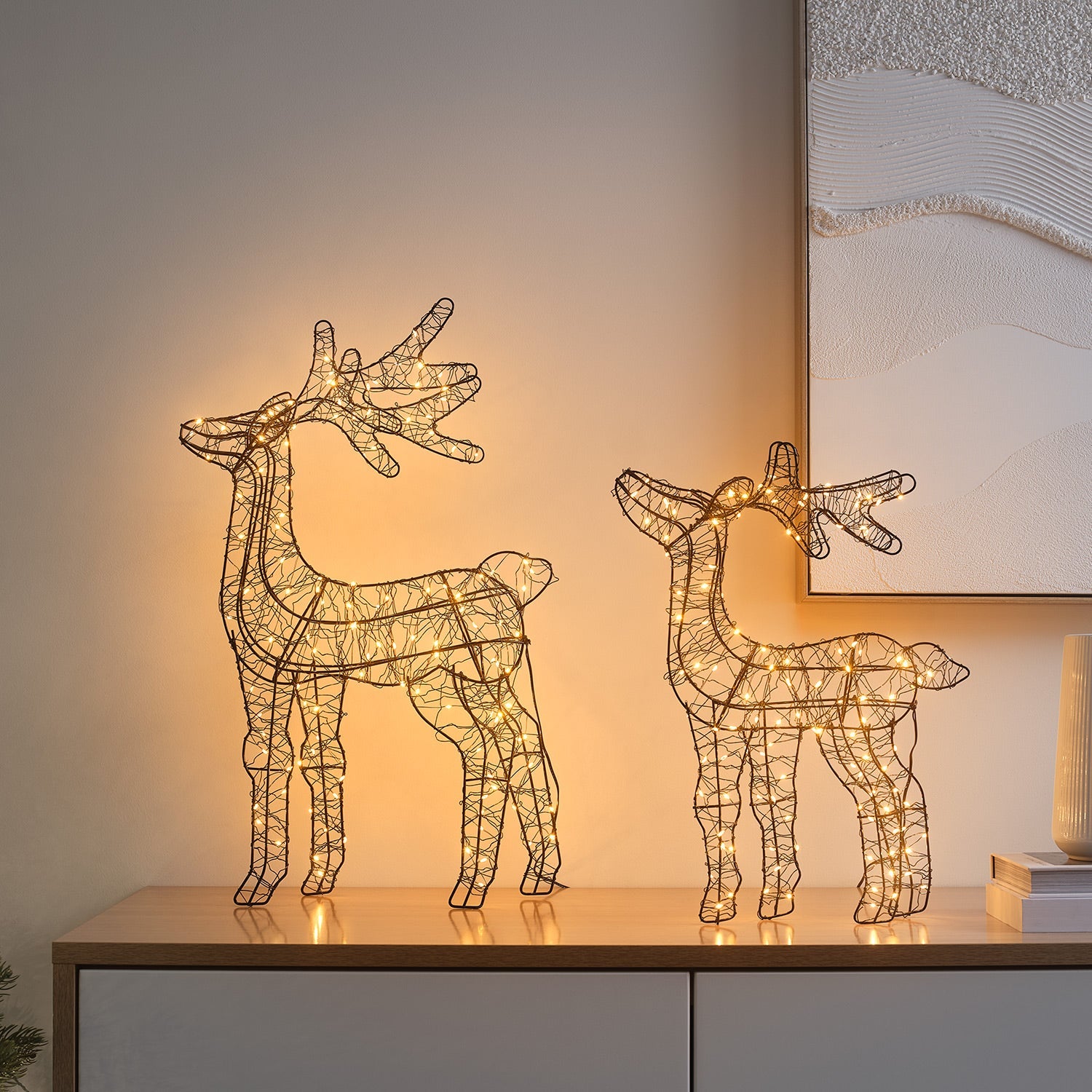 56cm Warm White Micro LED Wire Reindeer Decoration Duo