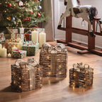 Set of 3 Micro LED Rattan Presents