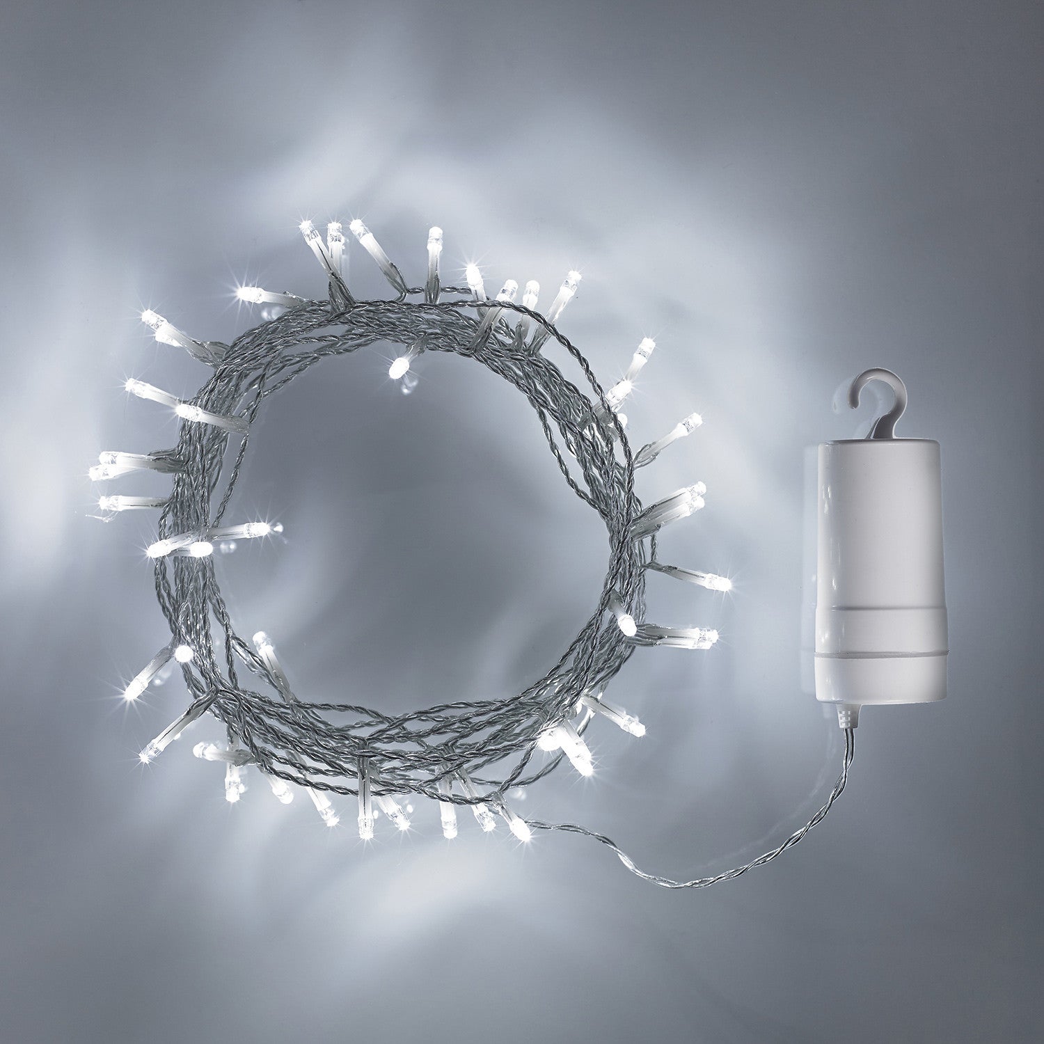 100 White LED Outdoor Battery Fairy Lights On Clear Cable