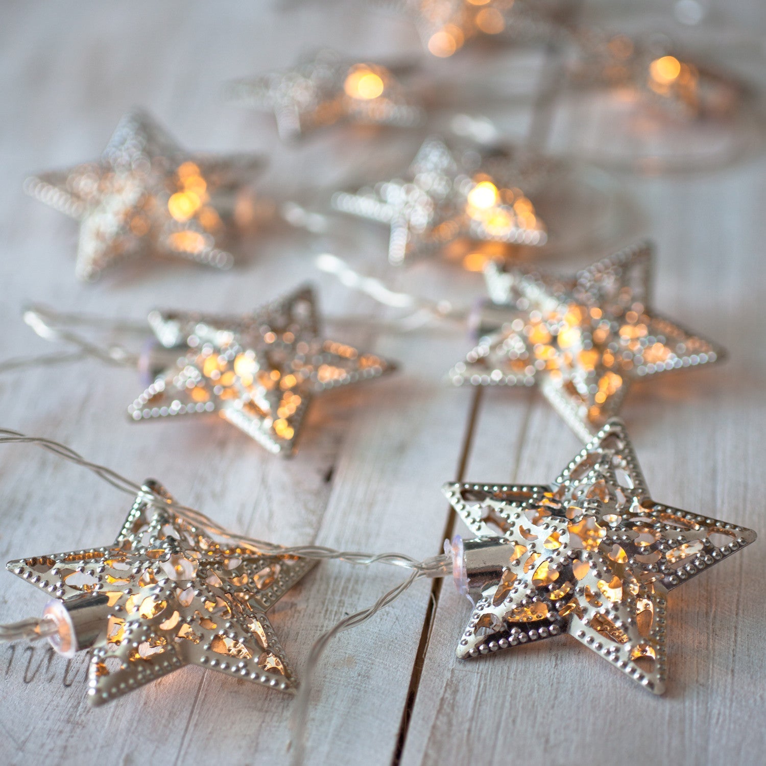 10 Warm White LED Filigree Silver Star Battery Fairy Lights
