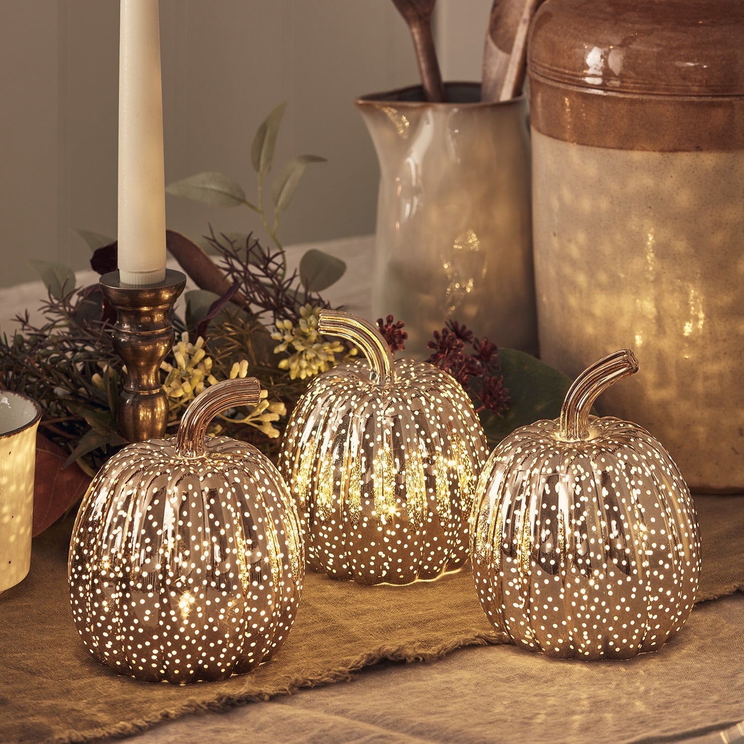 Brass Mottled Glass Pumpkin Trio