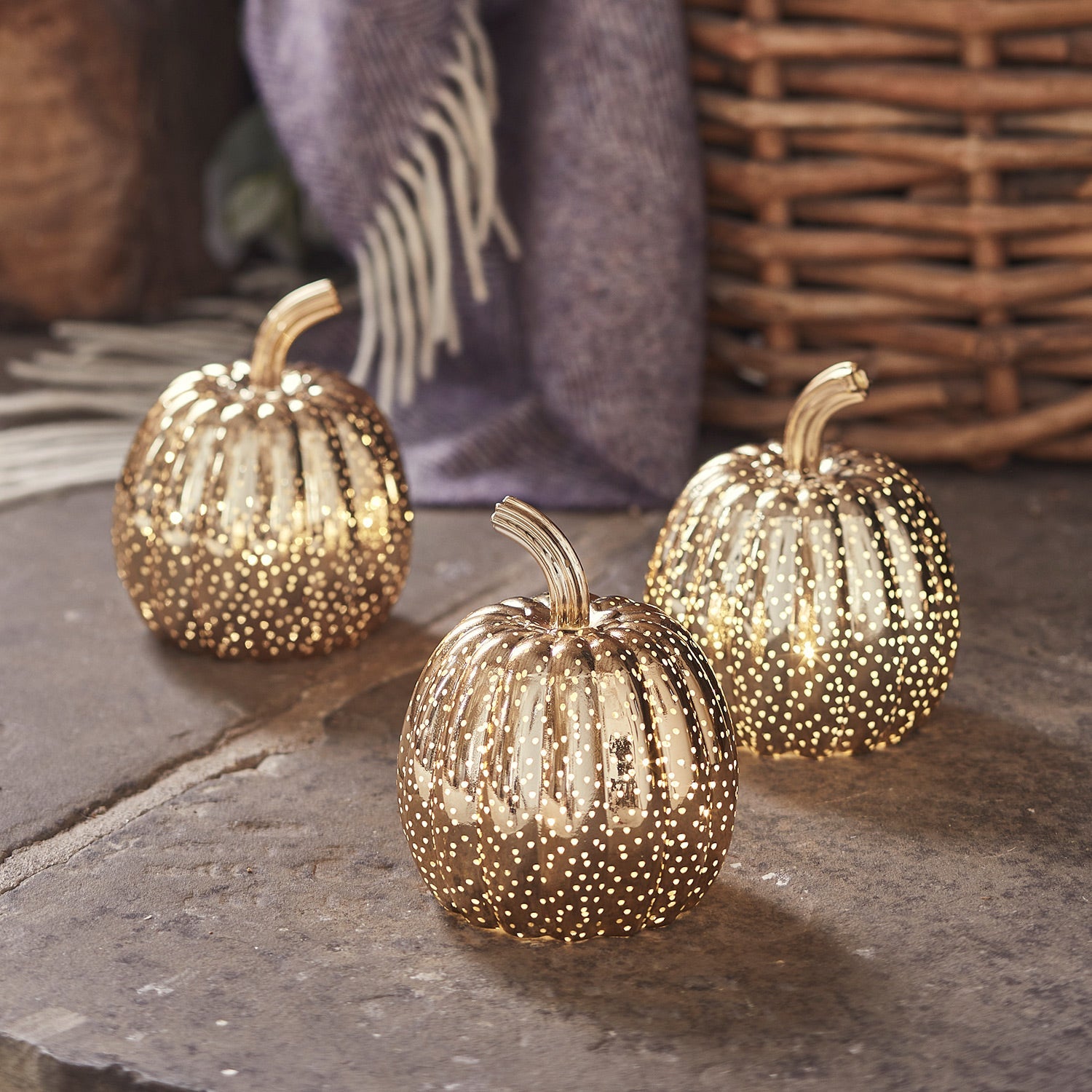 Brass Mottled Glass Pumpkin Trio