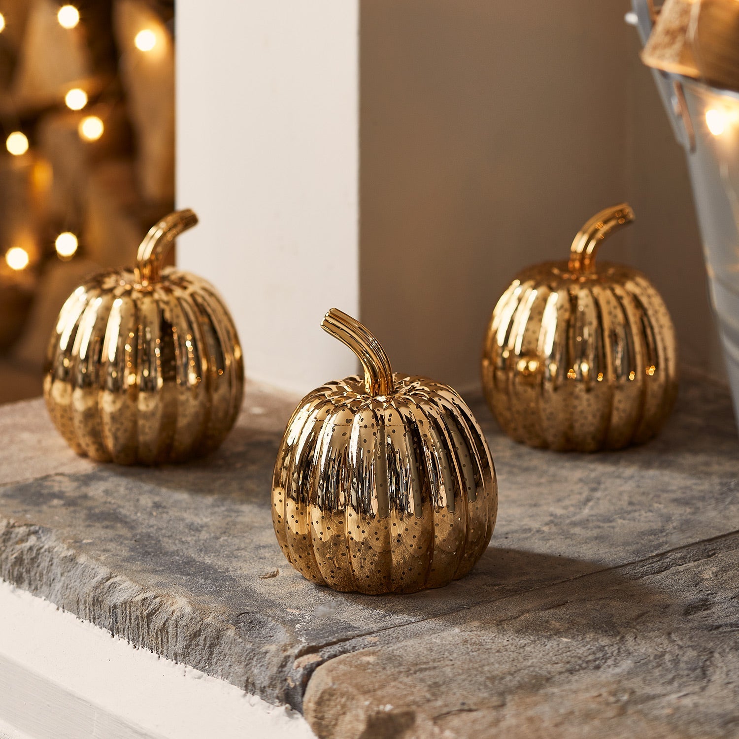 Brass Mottled Glass Pumpkin Trio