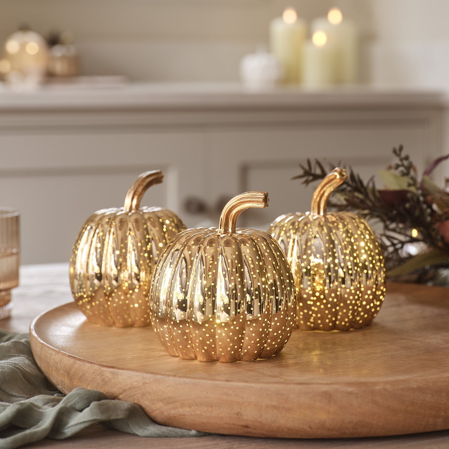 Brass Mottled Glass Pumpkin Trio