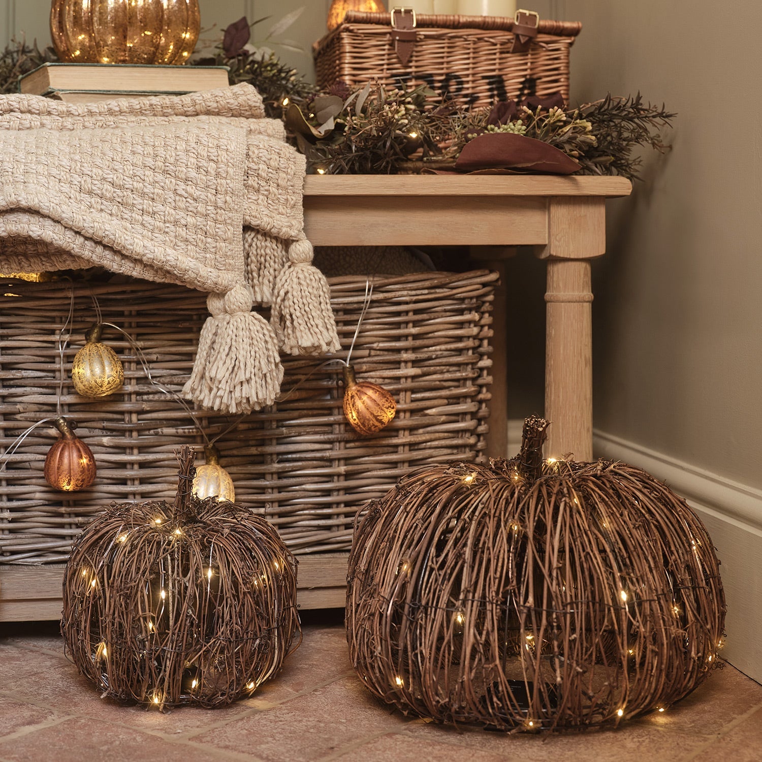 Set of 2 Rattan Light Up Pumpkins
