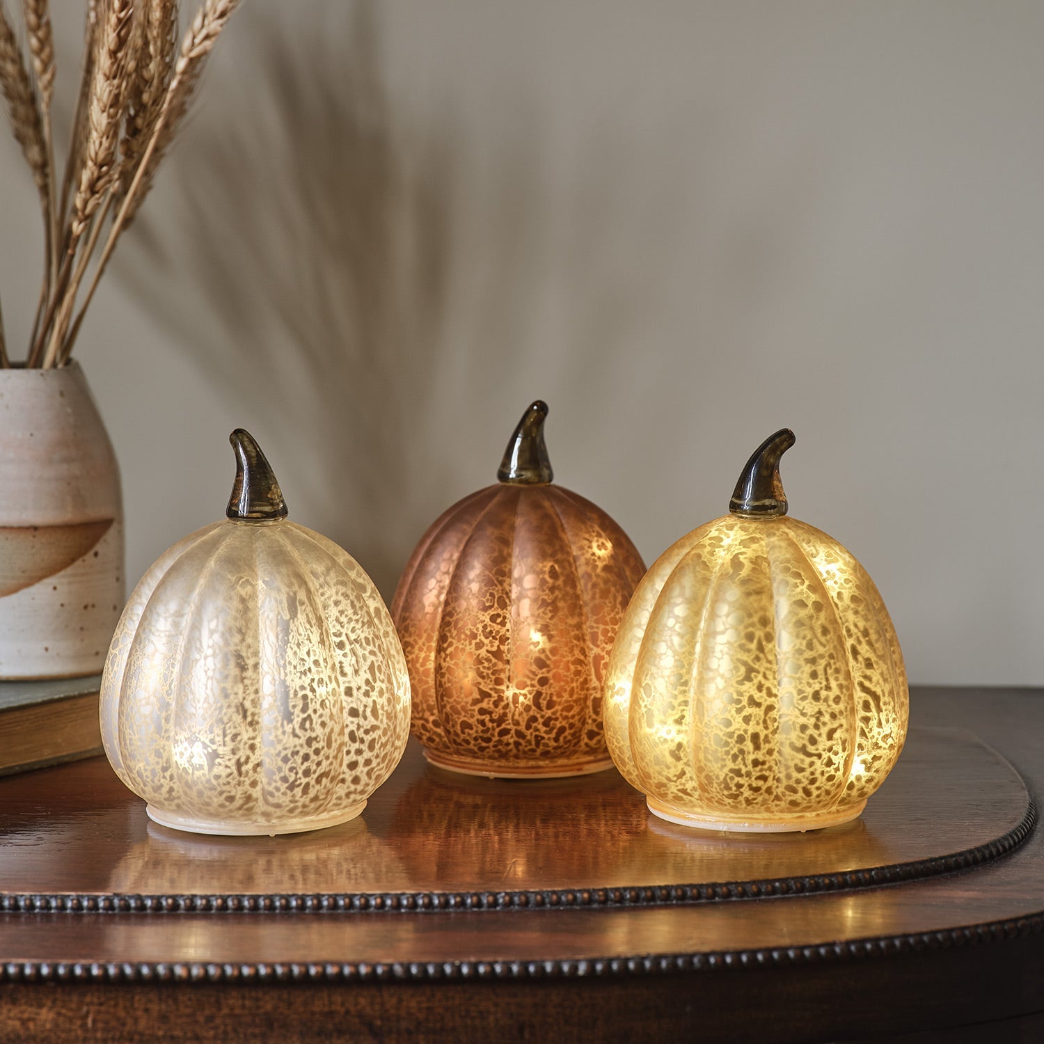 Set of 3 Autumnal Glass Light Up Pumpkins