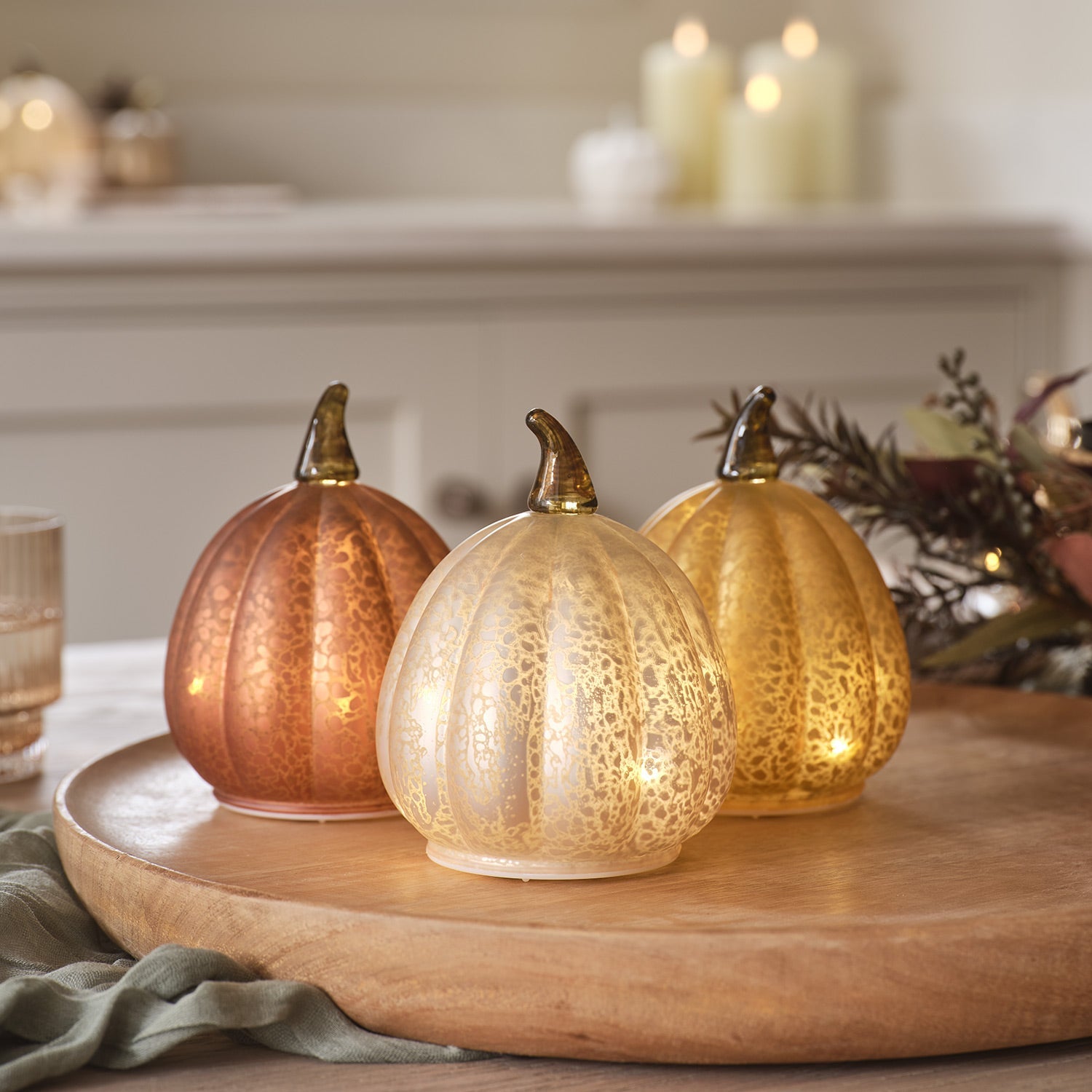 Set of 3 Autumnal Glass Light Up Pumpkins