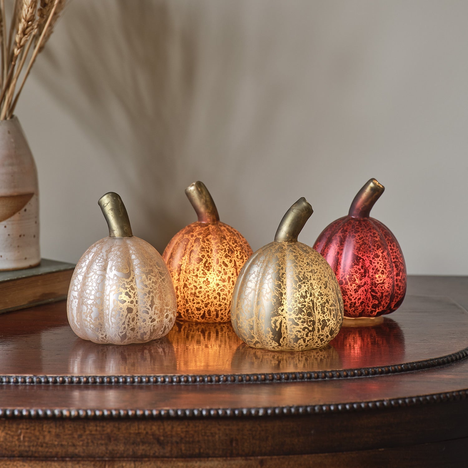 Set of 4 Mini Glass Light Up Pumpkin Decorations