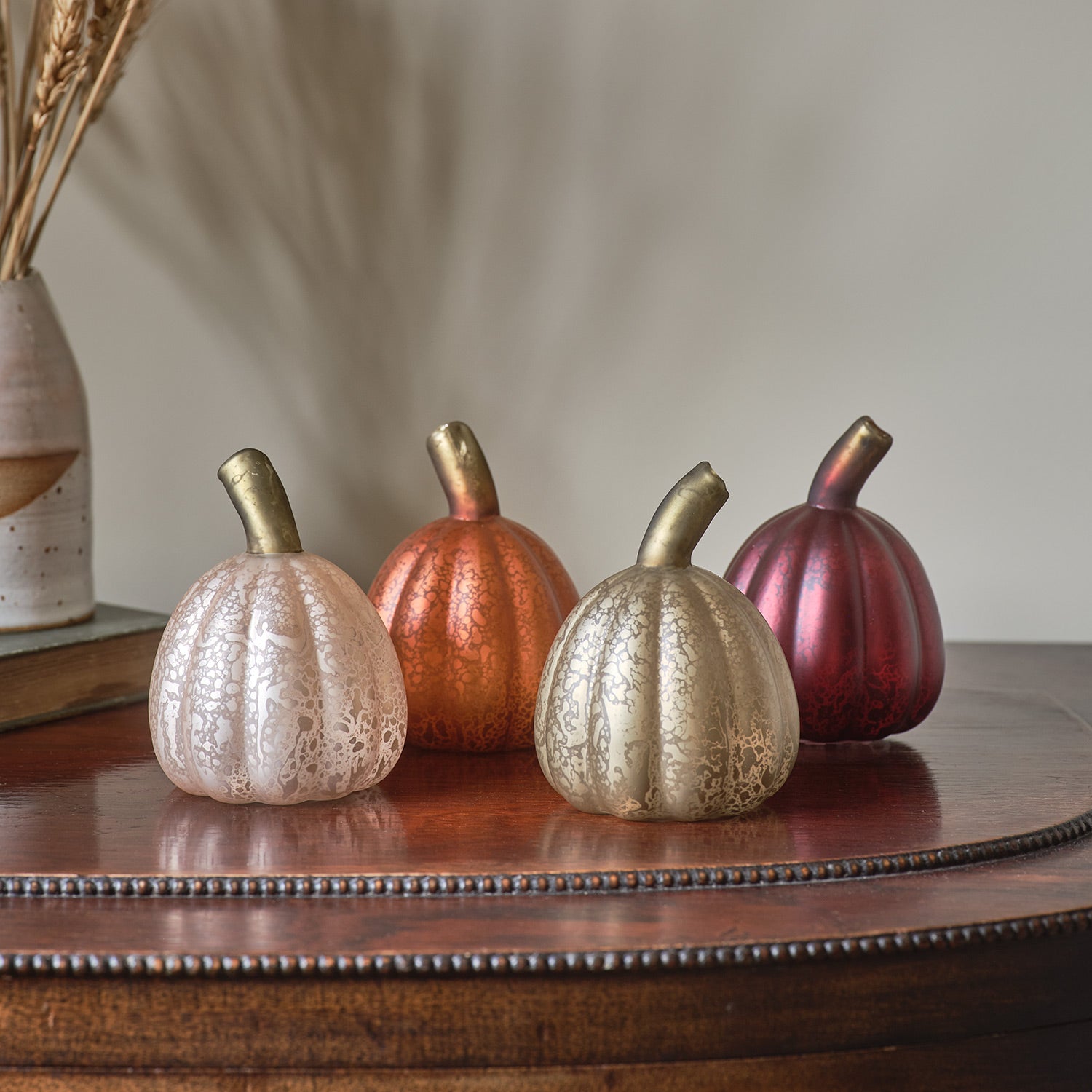 Set of 4 Mini Glass Light Up Pumpkin Decorations