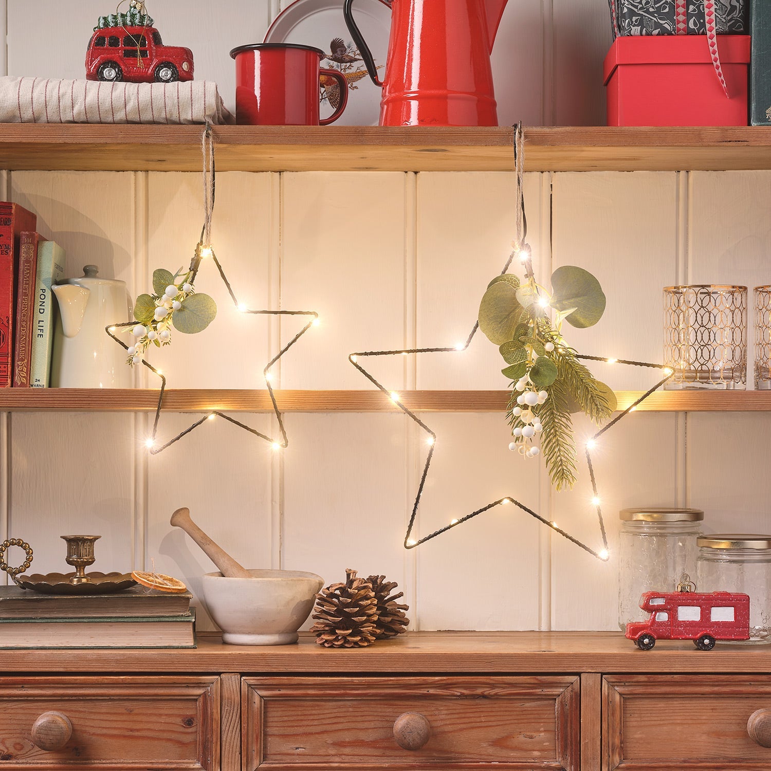 Set of 2 Micro LED Star Lights with Winter Foliage