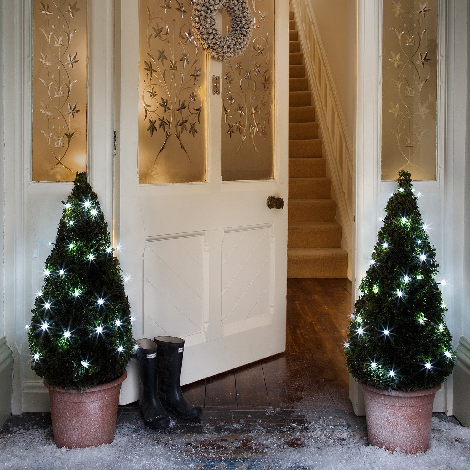 2 Pack of 50 White LED Outdoor Battery Lights On Green Cable