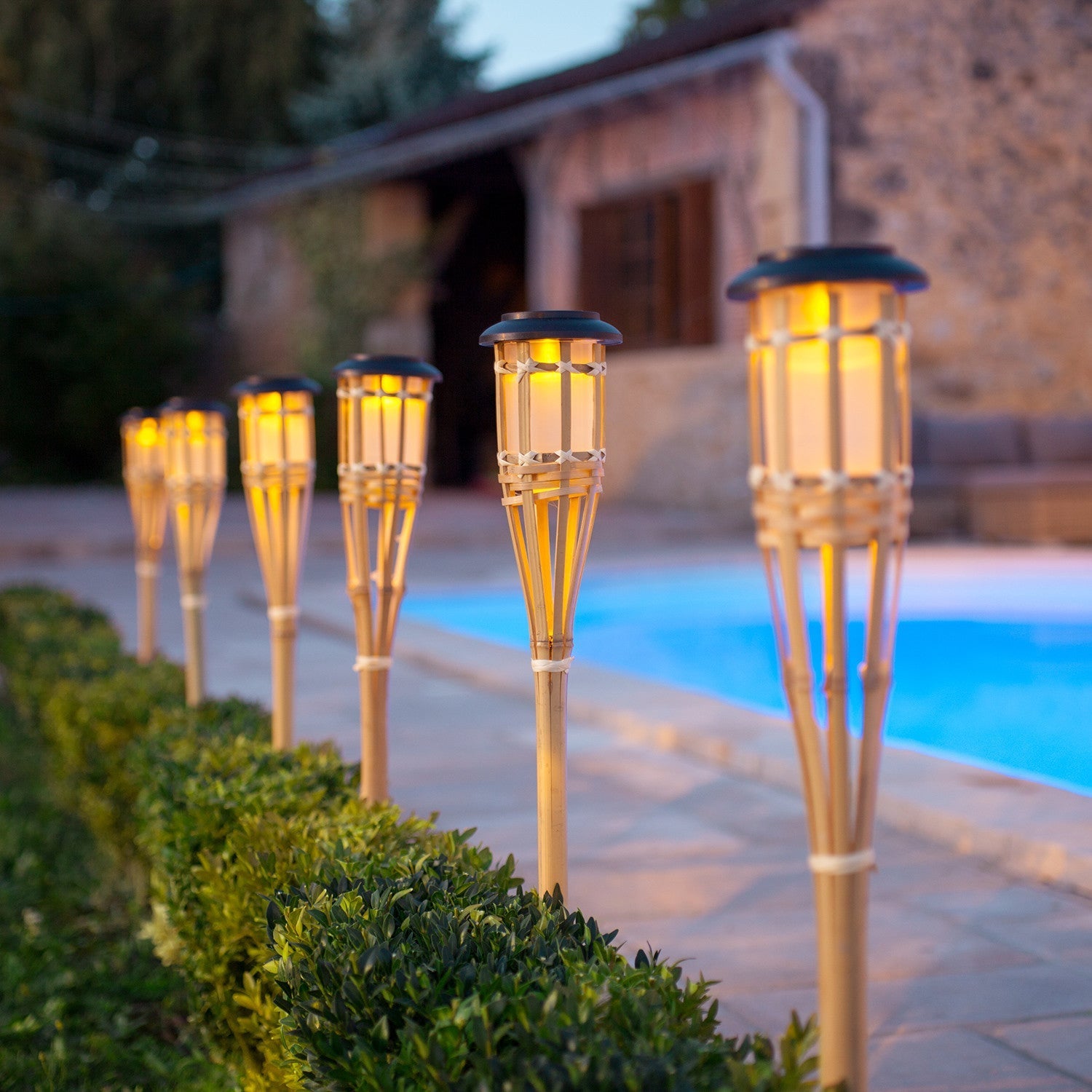 Set of 4 Large Solar Bamboo Tiki Garden Torches