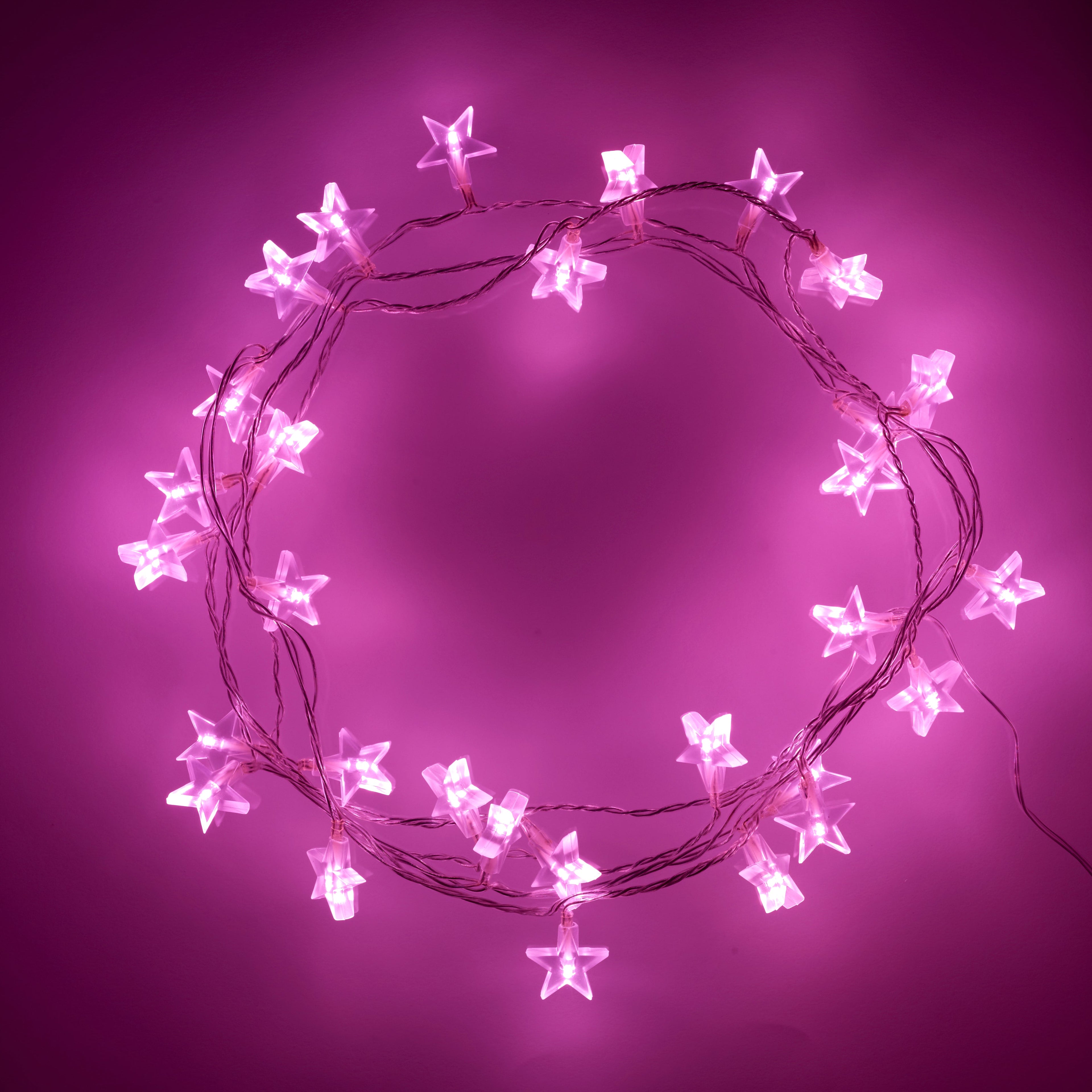 30 Pink LED Star Fairy Lights On Clear Cable