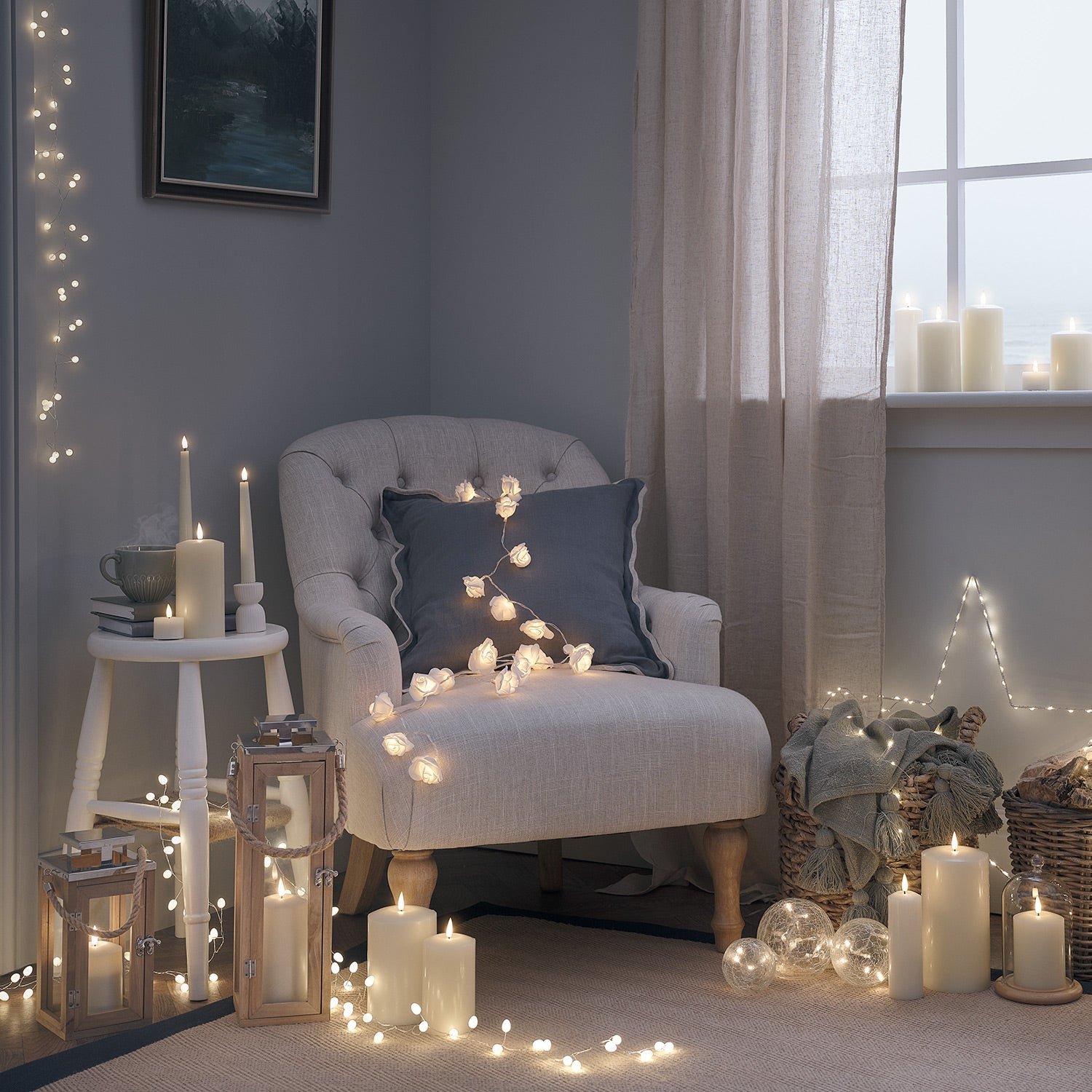 30 Warm White LED Rose Fairy Lights On Clear Cable