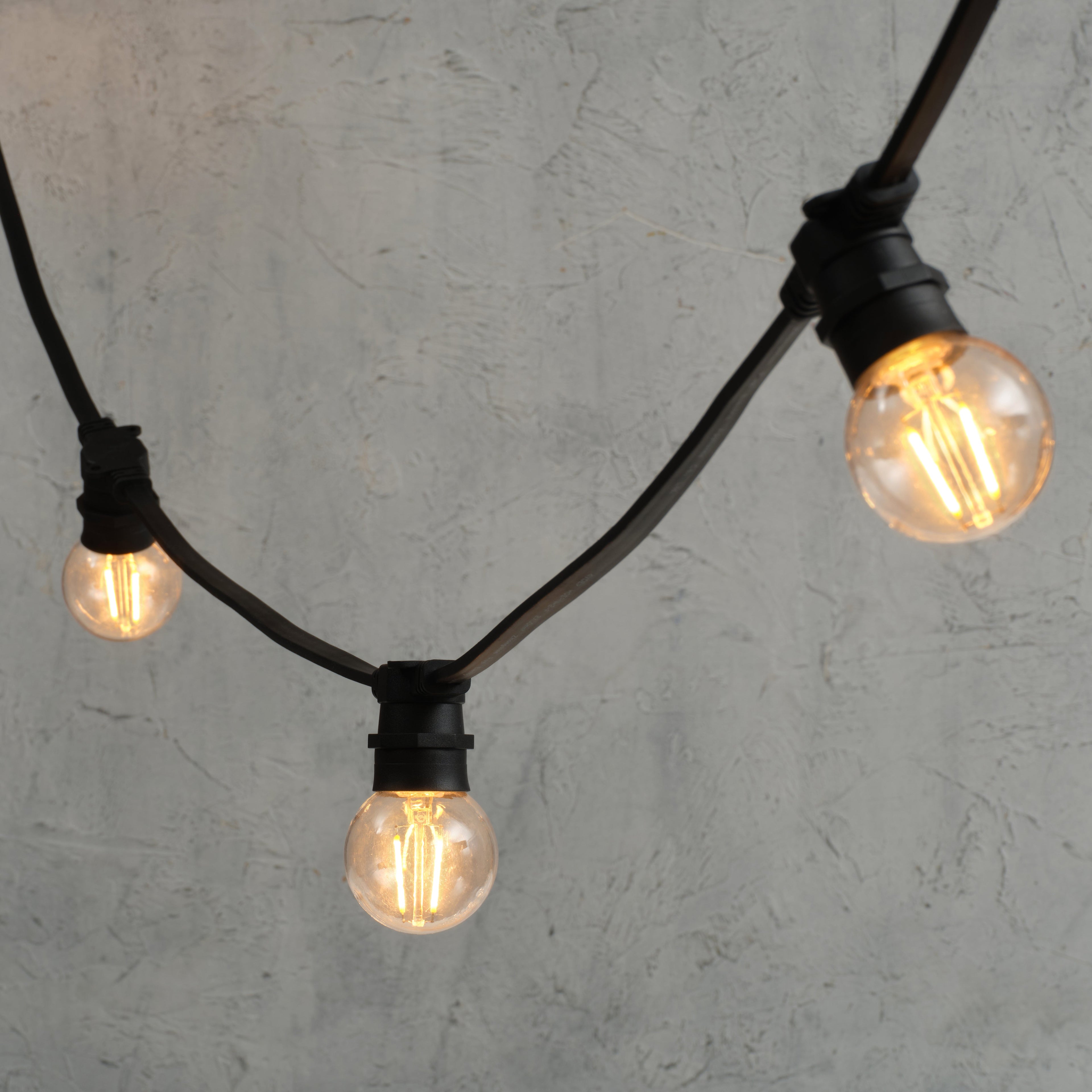 Plus Connect 5m 10 Warm White Connectable Festoon Lights G60 Bulb Clear Cap Black Cable