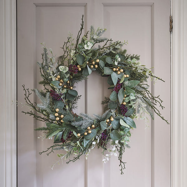 45cm Pre Lit Eucalyptus, Pine & Gold Berry Christmas Wreath