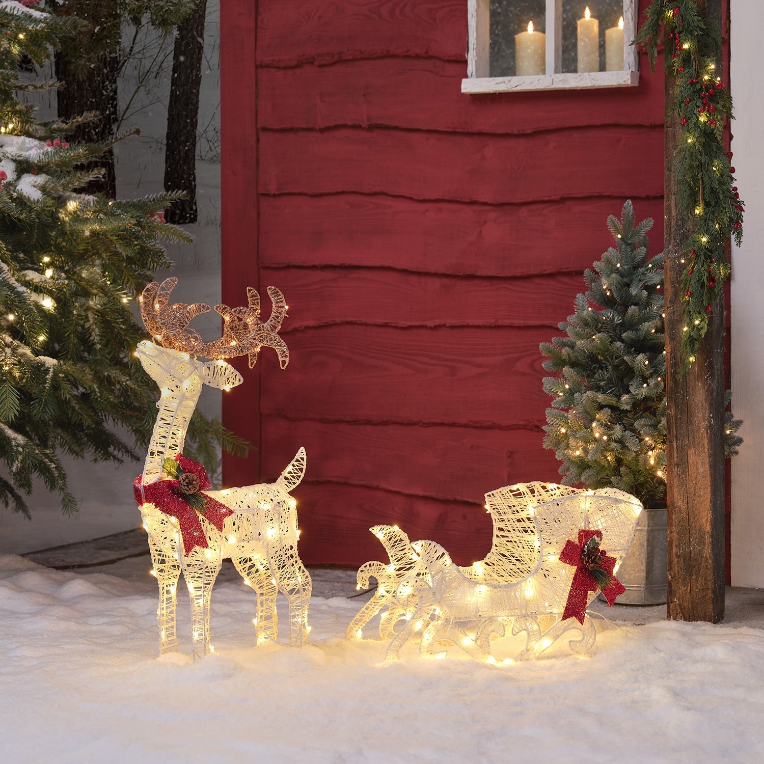70cm Harewood White Spun Cotton Light Up Reindeer & Sleigh