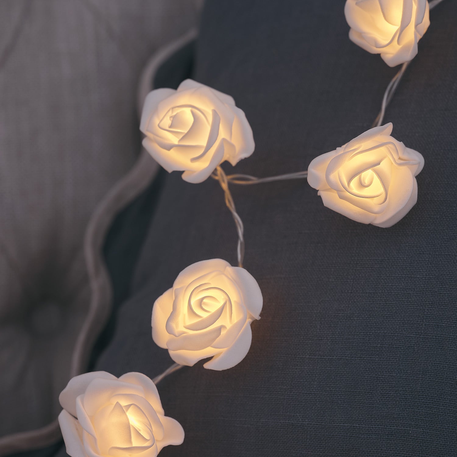 30 Warm White LED Rose Fairy Lights On Clear Cable